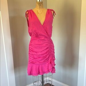 Fanco- SZ M Hot Pink Ruched Sleeveless V- Neck Dress